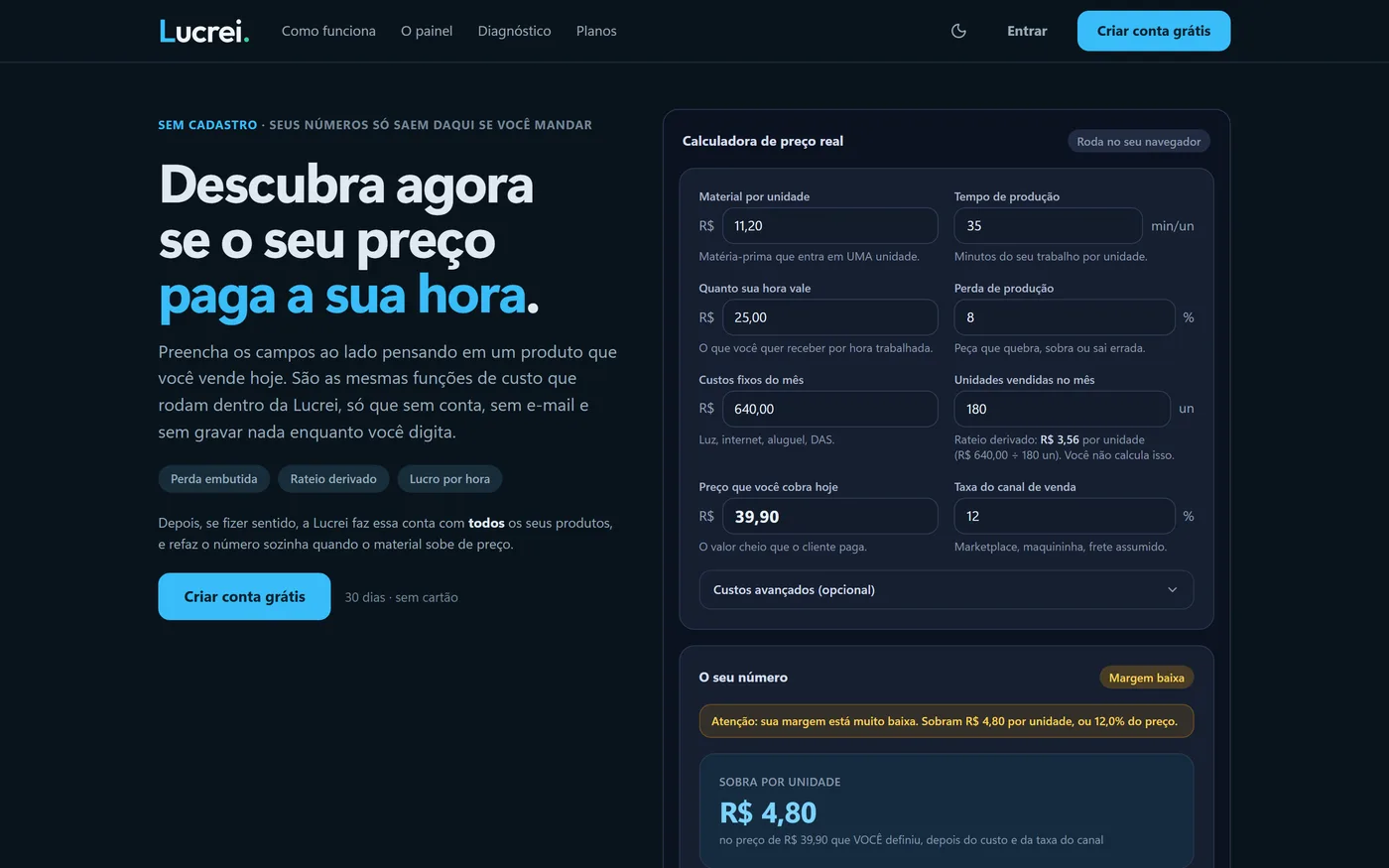 Lucrei home page in dark mode, with the real price calculator